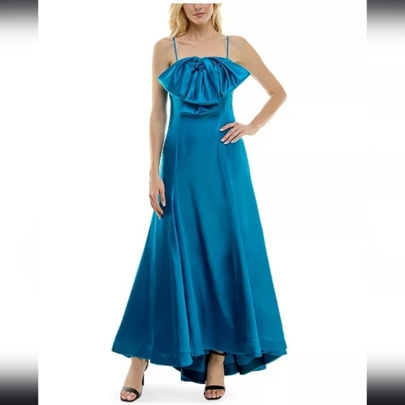 NWT Taylor Women's Exaggerated-Bow Satin-Stretch Dazzling Ocean Blue Gown - Picture 1 of 16